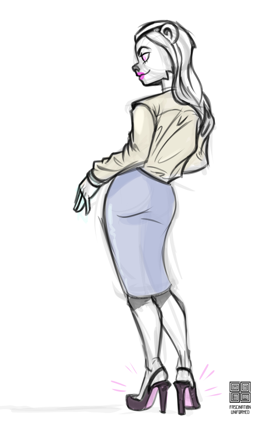 absurdres clothed crossdressing feminization furry high_heels lipstick long_hair malesub mr_scade office_lady panda_boy pink_lipstick shirt skirt solo spiral_eyes tagme watermark white_hair white_skin