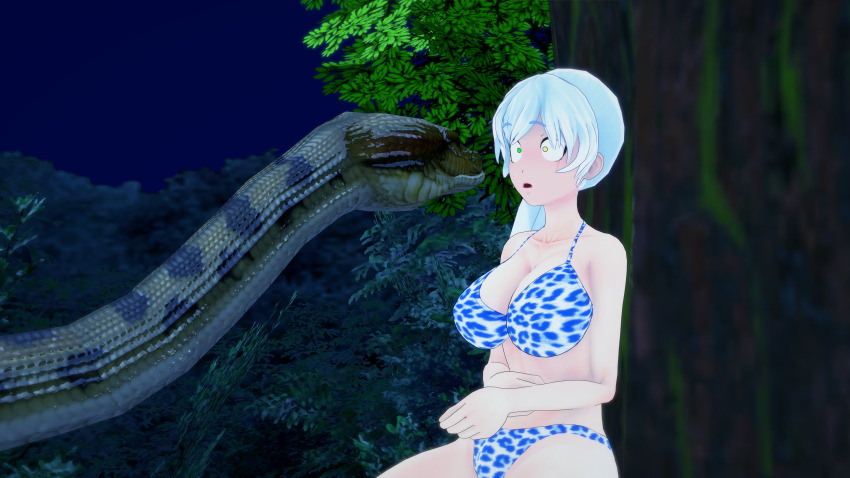 3d bikini blue_eyes breasts confused disney kaa kaa_eyes large_breasts leopard_print lipstick long_hair makeup mmd mrkoiru open_mouth outdoors pale_skin ponytail rwby sitting snake the_jungle_book trees weiss_schnee white_hair