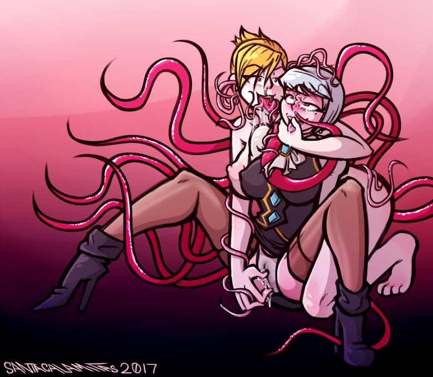 ace_attorney adrian_andrews brain_injection breasts drool ear_sex femdom femsub franziska_von_karma nightmare_fuel parasite pussy pussy_juice santacalamitas spread_legs tentacle_in_mouth tentacles tongue tongue_out yuri