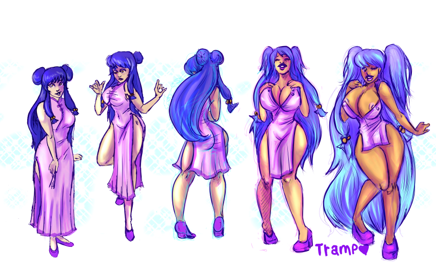 absurdres before_and_after bimbofication blue_hair breast_expansion breasts china_dress clothed_exposure comic dark_skin ebonization erect_nipples femsub hair_buns hair_growth happy_trance inflation large_breasts long_hair nipples ranma_1/2 shampoo_(ranma_1/2) sketch traditional trampy_hime transformation twintails