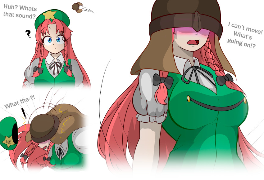 before_and_after body_control braid clothed comic dialogue disguised_hypnotist glowing hair_ribbon hat helmet hong_meiling hypnotic_accessory large_breasts long_hair open_mouth red_hair simple_background standing_at_attention tagme text touhou white_background