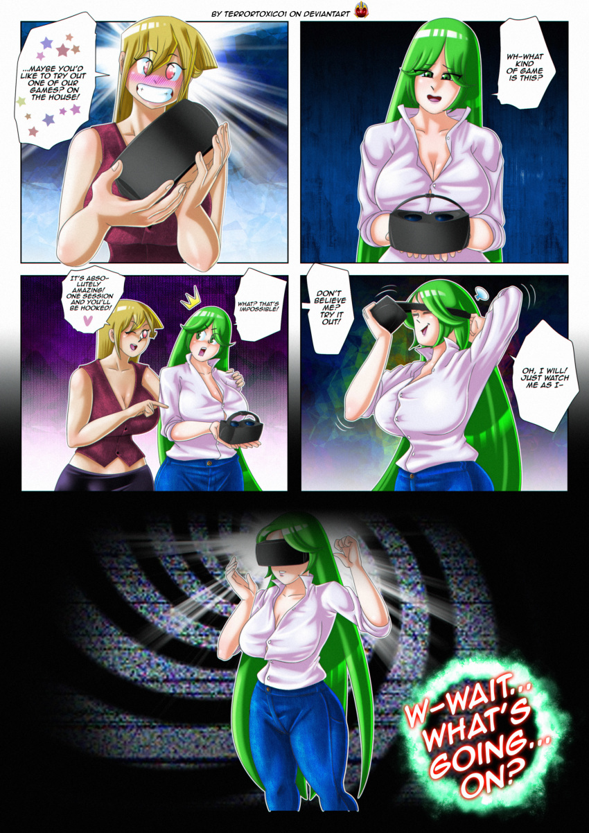 absurdres alexis_rhodes alternate_costume breasts comic corruption crossover dialogue femdom femsub goddess happy_trance hypnotic_accessory hypnotized_dom jeans kid_icarus large_breasts nintendo palutena skirt tagme tech_control terrortoxico1 text yu-gi-oh! yu-gi-oh!_arc-v yu-gi-oh!_gx