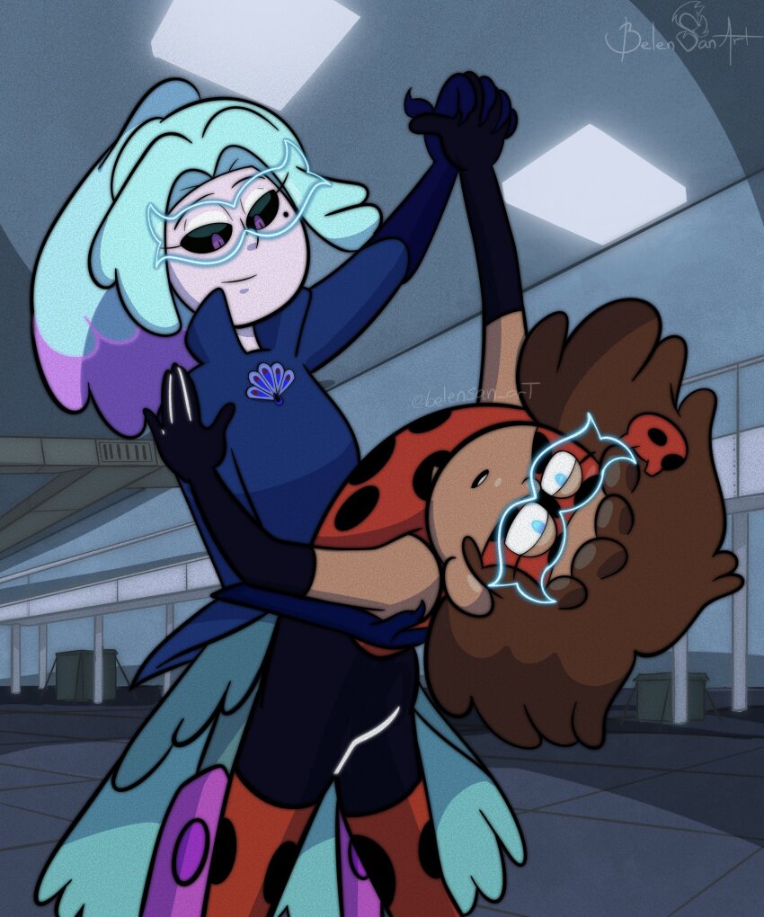 amphibia anne_boonchuy belensan-art black_eyes blue_eyes blue_hair brown_hair complex_background dancing dark_skin disney dress empty_eyes expressionless eye_mask grey_skin magic miraculous_ladybug mole open_mouth opera_gloves sasha_waybright short_hair signature super_hero tied_hair tights