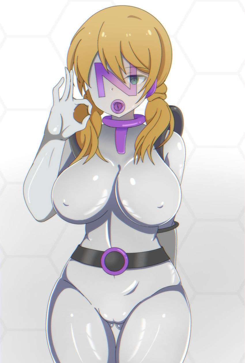 absurdres alice_gear_aegis amane_kotomura belt blonde_hair bodysuit breasts cameltoe corruption empty_eyes enemy_conversion erect_nipples faceless green_eyes huge_breasts notraider open_mouth precure see-through thighs twintails vicebossjon