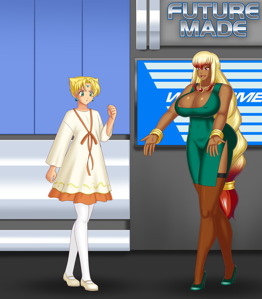 angry bare_shoulders blonde_hair bluebullpen bracelet dark_skin dress earrings facial_markings flat_chest green_eyes high_heels huge_breasts karinka_(steel_angel_kurumi) long_hair monitor multicolored_hair necklace open_mouth original pantyhose rebecca_lys_(daveyboysmith9) red_eyes robot_girl short_hair smile steel_angel_kurumi story tan_skin thighhighs tomboy