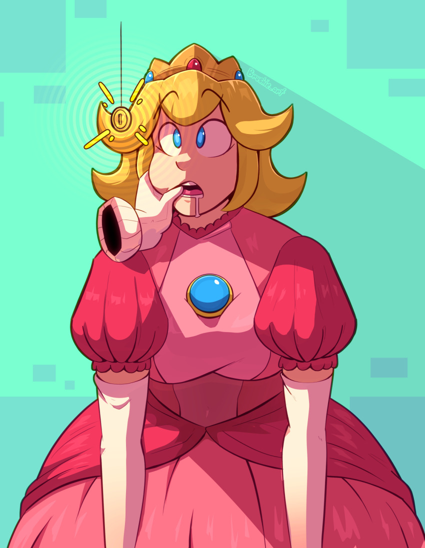 blue_eyes brushie_art cheek_squish clothed coin crossed_eyes crown dress drool female_only femsub finger_in_mouth gloves leaning_forward limp nintendo open_mouth opera_gloves pendulum phantom_hand princess princess_peach simple_background solo spiral super_mario_bros.
