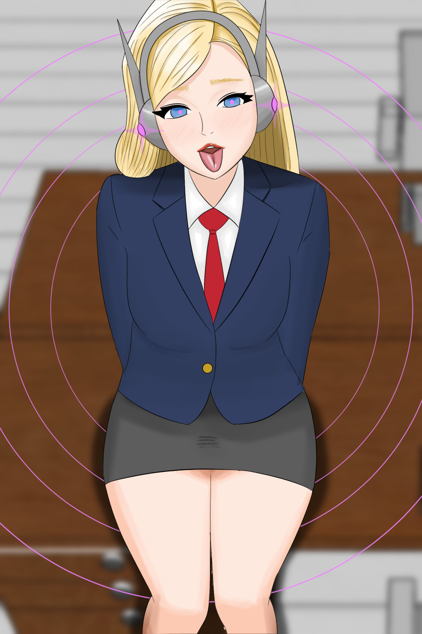 absurdres ahegao arms_behind_back bare_legs blonde_hair blue_eyes clefla dress_shirt female_only femsub glowing_eyes headphones hypnotic_accessory long_hair office_lady open_mouth original pink_eyes pov_dom red_lipstick school_uniform sitting skirt solo tech_control tie tongue tongue_out