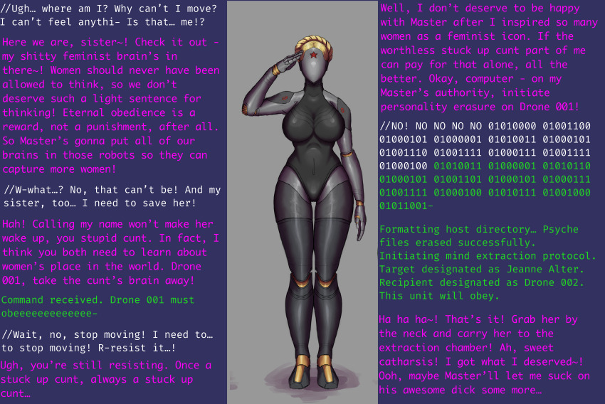 agnikka_sato atomic_heart blonde_hair breasts caption dialogue drone dronification faceless fate/apocrypha fate/grand_order fate_(series) female_only femsub goldengang-star_(writer) jeanne_d'arc_(fate) large_breasts leotard robot robot_girl robotization saluting sexism short_hair standing standing_at_attention text the_twins_(atomic_heart)