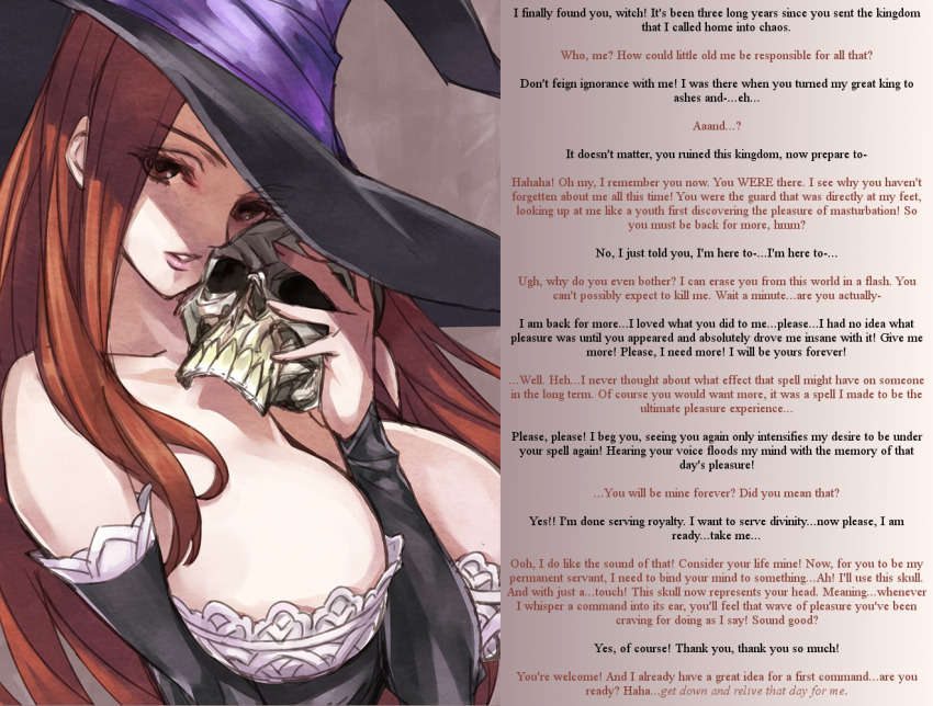arm_warmers bare_shoulders breasts brown_eyes brown_hair caption caption_only comic_market_86 dragon's_crown femdom hat huge_breasts large_breasts large_lips long_hair looking_at_viewer manip matsuryu orange_hair pov pov_sub red_hair skeleton solo sorceress_(dragon's_crown) stroke_(manipper) text witch_hat