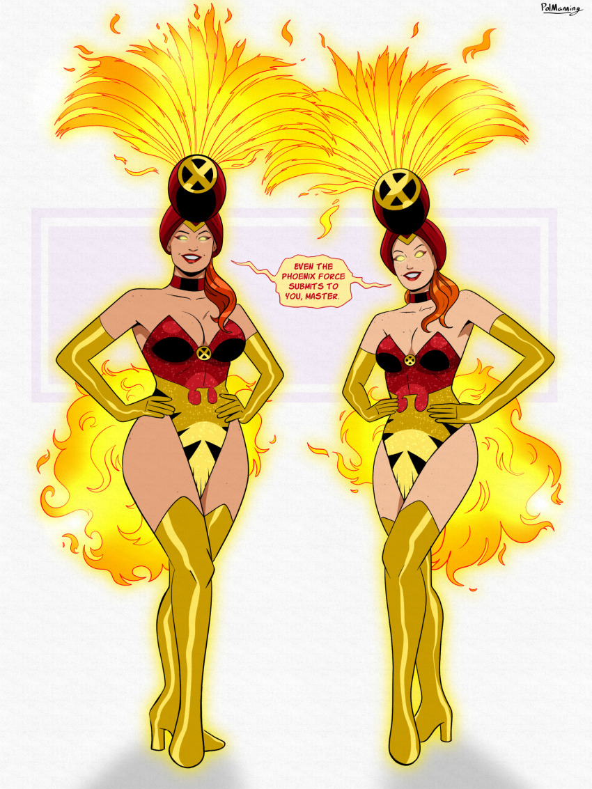 aura breasts choker cleavage clothed dialogue english_text femsub flame gloves glowing_eyes hand_on_hip high_heels hope_summers jean_grey large_breasts marvel_comics milf mother_and_daughter multiple_girls multiple_subs opera_gloves phoenix_force polmanning ponytail possession red_hair showgirl simple_background speech_bubble super_hero text thigh_boots thighhighs white_background x-men yellow_eyes