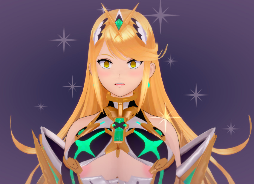 3d absurdres bare_shoulders blonde_hair blush earrings empty_eyes expressionless female_only femsub hair_ornament jewelry koikatsu! long_hair mythra_(xenoblade) nintendo open_mouth simple_background solo sparkle thehguy xenoblade_chronicles xenoblade_chronicles_2 yellow_eyes