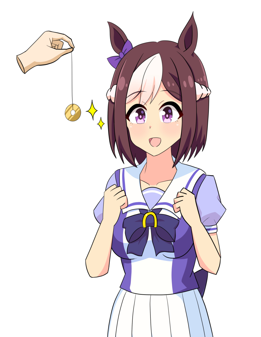 absurdres animal_ears breasts clothed deepwater femsub hair_ornament hair_ribbon horse_girl multicolored_hair open_mouth pendulum purple_eyes ribbon school_uniform simple_background smile special_week tongue uma_musume white_background