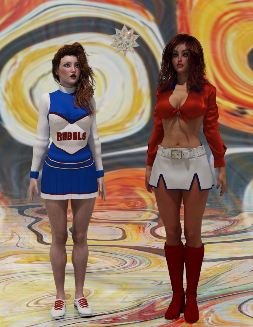 3d altered_perception beatrice_baker belted_skirt blush boots breasts brown_hair cheerleader cleavage expressionless female_only femsub huge_breasts large_breasts long_hair lorna_macgregor member9 navel open_mouth original red_lipstick skirt standing standing_at_attention super_hero
