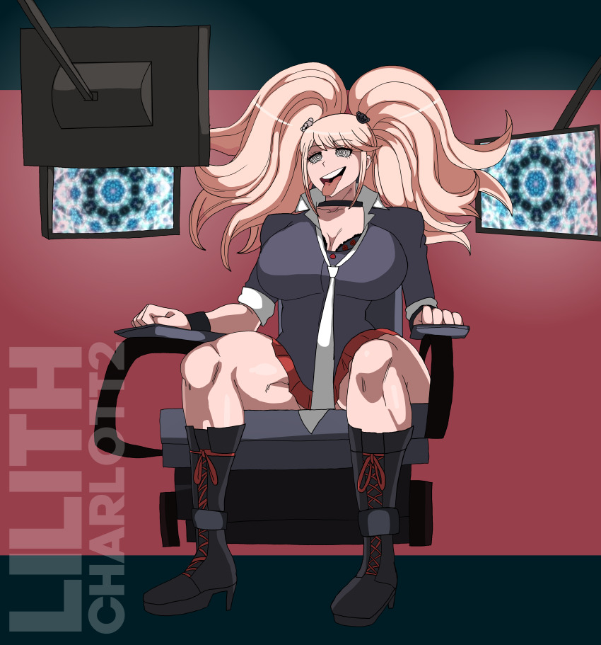 cleavage dangan_ronpa female_only femsub happy_trance high_heels hypnotic_screen junko_enoshima large_breasts lilithcharlott2 open_mouth restrained sitting skirt solo spiral_eyes tongue tongue_out twintails watermark