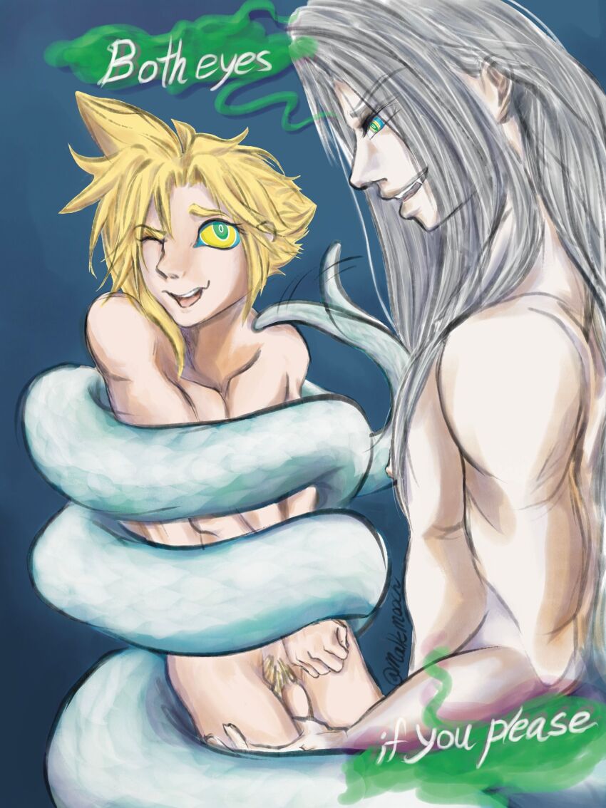 blonde_hair blue_background bottomless cloud_strife coils dialogue english_text eyebrows_visible_through_hair fangs final_fantasy final_fantasy_vii grey_hair happy_trance hypnotic_eyes kaa_eyes long_hair male_only maledom malesub malkmooch multiple_boys muscle_boy naga_boy nude one_eye_open open_mouth penis pubic_hair resisting restrained ring_eyes sephiroth short_hair simple_background smile snake_boy speech_bubble text tongue topless white_hair yaoi