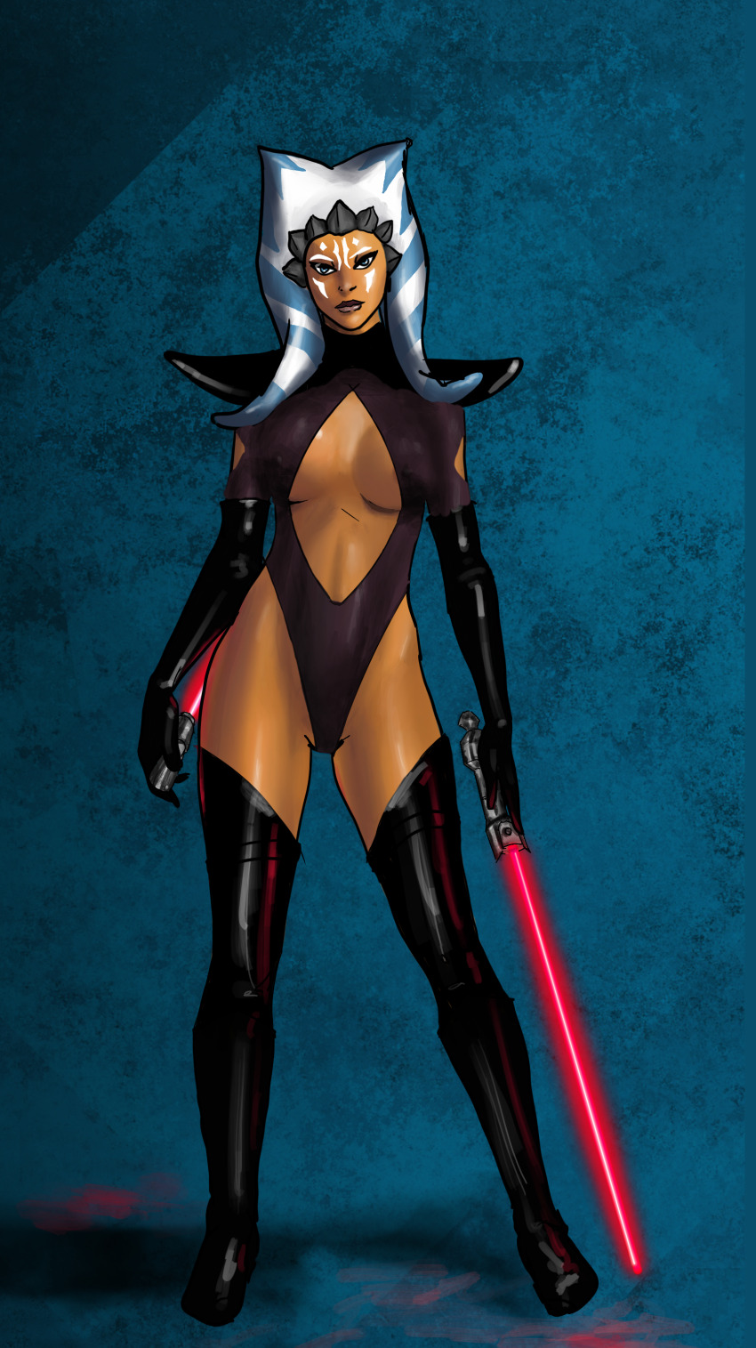 absurdres ahsoka_tano boots cleavage corruption erect_nipples expressionless female_only gloves lavonhayes8 lightsaber looking_at_viewer opera_gloves solo standing star_wars star_wars_rebels tentacles thigh_boots thighhighs thighs togruta twintails