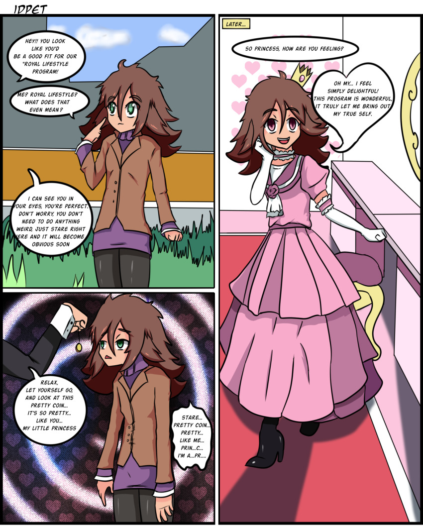 androgynous brown_hair comic crossdressing crown dialogue empty_eyes feminization femsub gloves green_eyes happy_trance high_heels idpet jewelry long_hair malesub original pink_eyes princess princessification skirt smile text toxxie/holly_(toxxie) transformation transgender
