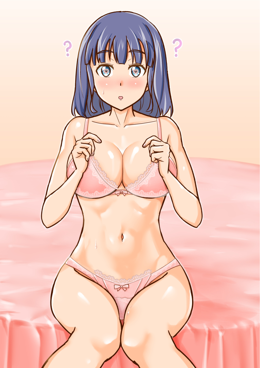 absurdres ahoge altered_common_sense bare_shoulders barefoot blue_eyes blush bra breasts cleavage collarbone confused expressionless feet female_only femsub heart_eyes large_breasts lingerie mikan_ame_q navel open_mouth original panties purple_hair solo symbol_in_eyes unaware undressing