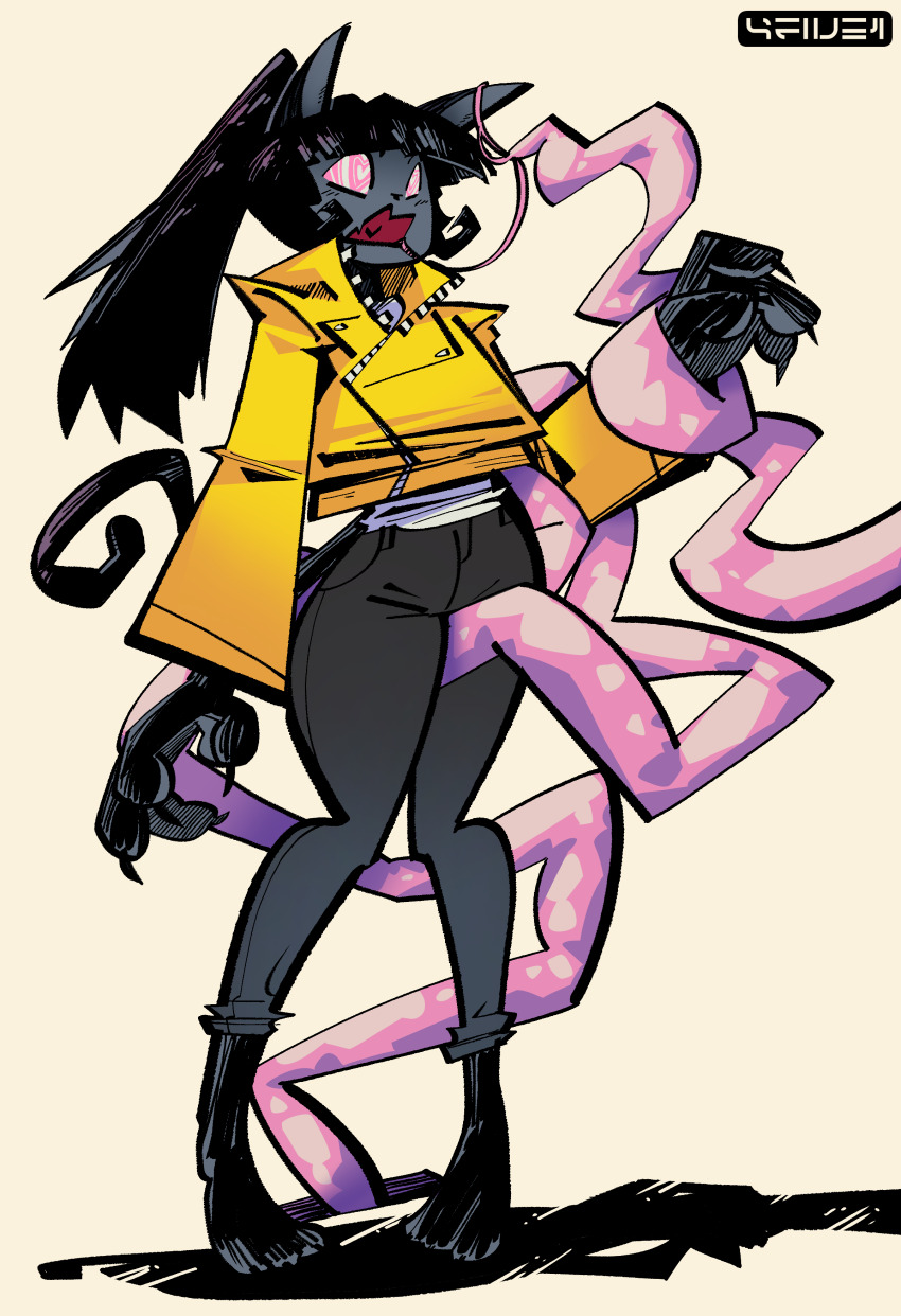 4five1 absurdres black_hair cat_girl clothed crotch_rub female_only femsub furry glowing_eyes heart_eyes jacket jackie_(4five1) jeans long_hair non-human_feet open_mouth original pants pink_eyes ponytail simple_background solo standing symbol_in_eyes tentacles white_background