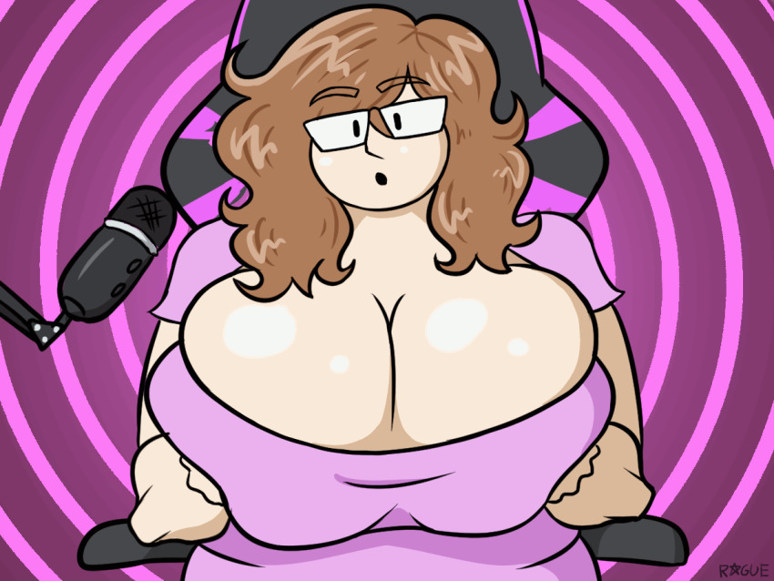 animated animated_gif bouncing_breasts breasts brown_hair cleavage female_only femdom glasses huge_breasts hypnotic_breasts large_breasts long_hair looking_at_viewer microphone noelle_sharpe_(roguesmut) original pov pov_sub roguesmut solo spiral