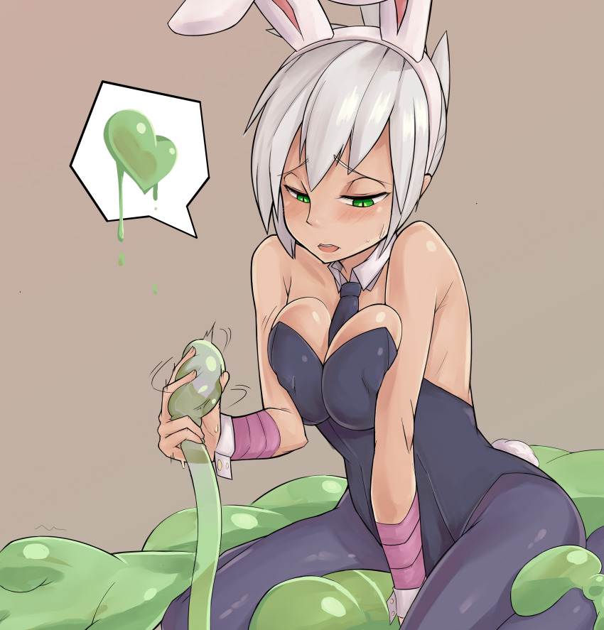 absurdres alternate_costume artist_request breasts bunny_ears bunnysuit cleavage fake_animal_ears fake_tail femsub glowing glowing_eyes green_eyes large_breasts league_of_legends manip open_mouth riven_(league_of_legends) silver_hair sitting slime sweat zac_(league_of_legends)