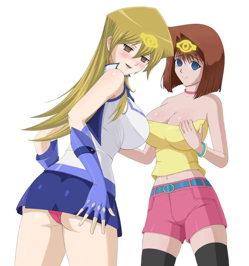absurdres alexis_rhodes ass blonde_hair blue_eyes blush breasts brown_hair cleavage empty_eyes female_only femsub gloves happy_trance large_breasts long_hair magic miniskirt multiple_girls open_mouth panties skirt smile tea_gardner text thighhighs underwear upskirt vevymani yu-gi-oh! yu-gi-oh!_gx