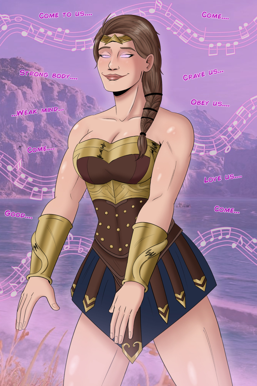 assassin's_creed assassin's_creed_odyssey braid breasts brown_hair cleavage collarbone dazed female_only femsub happy_trance hypnotic_audio hypnotic_music hypnotized_walking kassandra large_breasts long_hair polmanning smile spiral_eyes symbol_in_eyes text zombie_walk