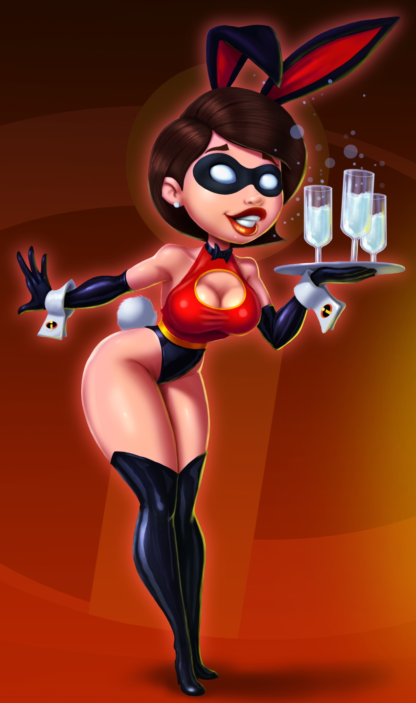 14-bis absurdres boots breasts brown_hair bunny_ears bunnysuit cleavage dazed disney elastigirl fake_animal_ears female_only femsub gloves glowing happy_trance helen_parr high_heels knee-high_boots large_breasts latex mask milf opera_gloves short_hair solo super_hero the_incredibles tray waitress western whitewash_eyes