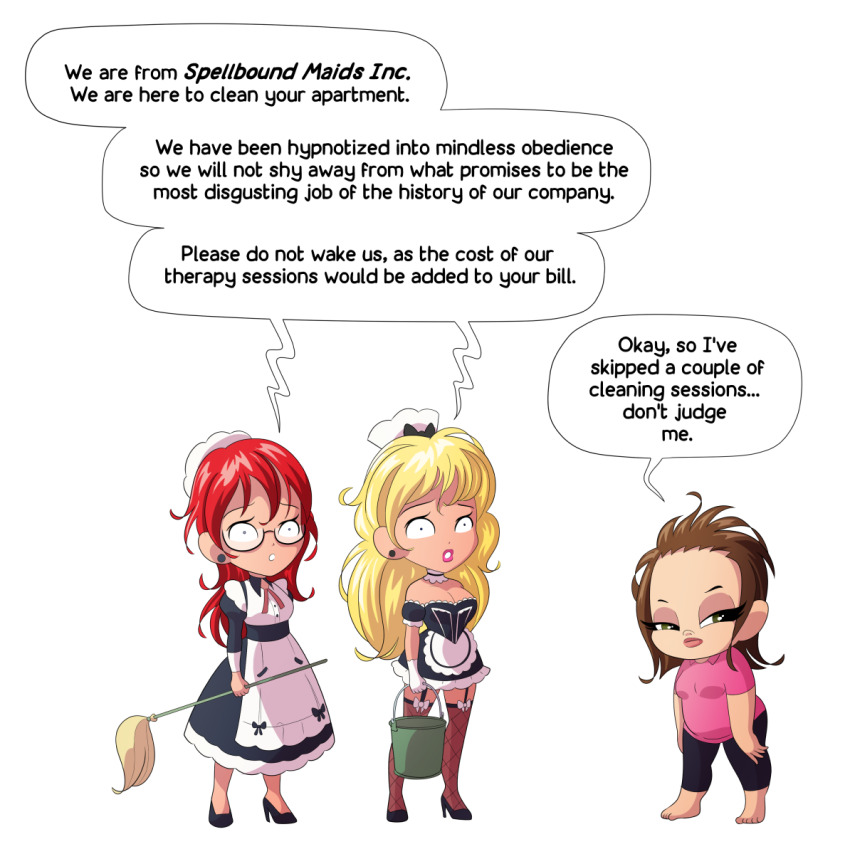 barefoot blonde_hair brown_hair chibi chubby clothed dialogue dina-m dina-m_(character) expressionless female_only femsub glasses high_heels humor leggings long_hair maid red_hair shrunken_irises standing standing_at_attention text