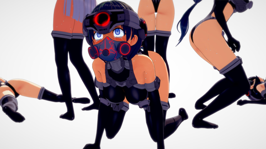 3d all_fours ass barefoot black_hair blue_eyes blush corruption eye_roll female_only femsub gas_mask gloves helmet high_heels kneeling koikatsu! large_breasts leotard long_hair multiple_girls on_back open_mouth pasties sakuragi_yu short_hair simple_background spread_legs standing sweat tan_skin tears tech_control thigh_boots thighhighs white_background
