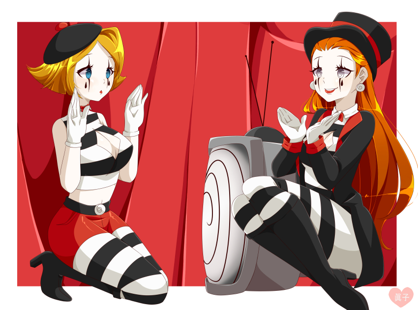 absurdres blonde_hair boots breasts cleavage clover earrings female_only femdom femsub happy_trance hat high_heels hypnotic_screen jewelry large_breasts long_hair makeup makoinaow mime orange_hair sam short_hair spiral spiral_eyes symbol_in_eyes thigh_boots totally_spies
