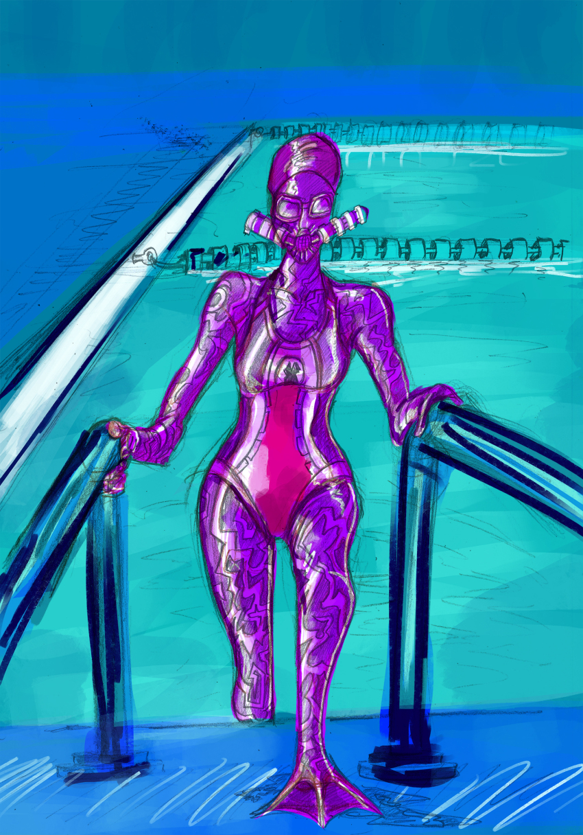 bodysuit cleavage corruption female_only femsub gas_mask goggles latex monster_girl mr_scade one-piece_swimsuit original pool purple_skin shiny_skin solo swimsuit transformation