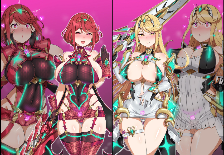 arm_warmers blonde_hair bracelet choker cleavage_cutout clothed_exposure corruption crotch_tattoo dress_shirt earrings erect_nipples erect_nipples_under_clothes eyebrows_visible_through_hair gloves glowing_eyes gozaru gradient_background hair_ornament happy_trance heart_eyes jewelry large_breasts leopard_print long_hair looking_at_viewer miniskirt multiple_girls multiple_subs mythra_(xenoblade) nintendo open_mouth pink_background pyra_(xenoblade) red_eyes red_hair ring short_hair sideboob simple_background smile sweat sword symbol_in_eyes thigh_gap thighhighs thighs thong vibrator wide_hips xenoblade_chronicles xenoblade_chronicles_2 yellow_eyes