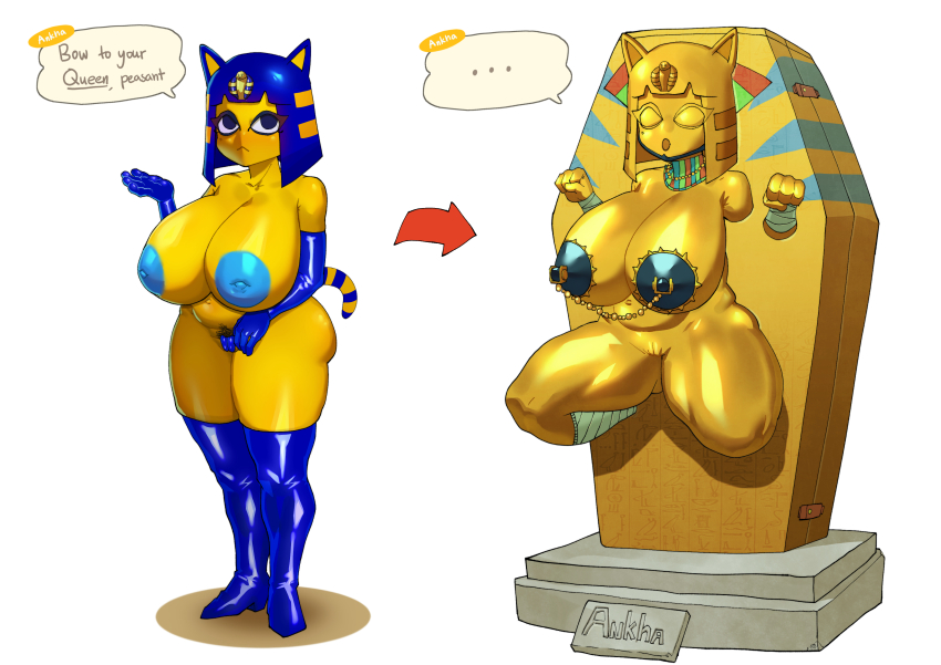 absurdres animal_crossing ankha_(animal_crossing) aurification bare_breasts before_and_after blue_hair breasts cat_ears cat_girl chubby clitoris coffin crabhorn egyptian eyeshadow female_only femsub furry large_breasts mummification nintendo nipple_chains opera_gloves petrification solo squatting tail text thick_thighs thigh_boots thighs topless