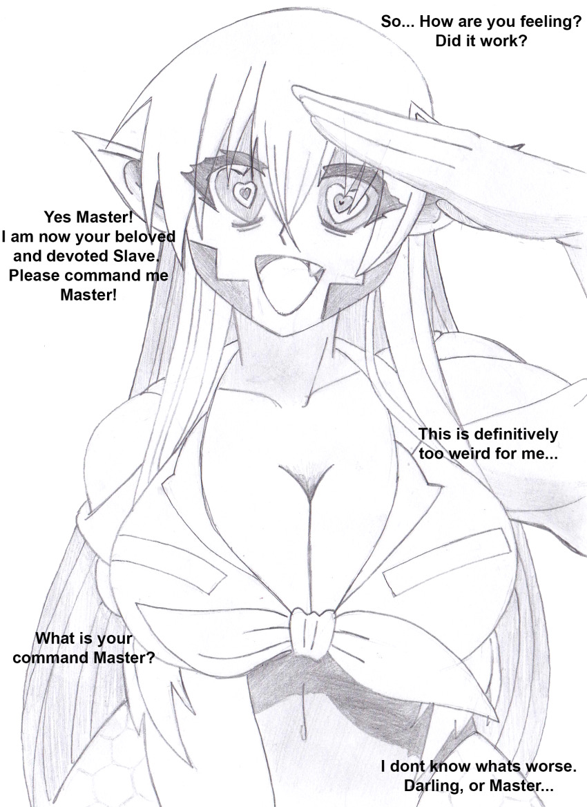 breasts consensual disguised_hypnotist elf_ears female_only happy_trance heart heart_eyes huge_breasts long_hair maledom miia_(monster_musume) monster_girl monster_musume naga_girl saluting snake_girl standing standing_at_attention symbol_in_eyes text traditional