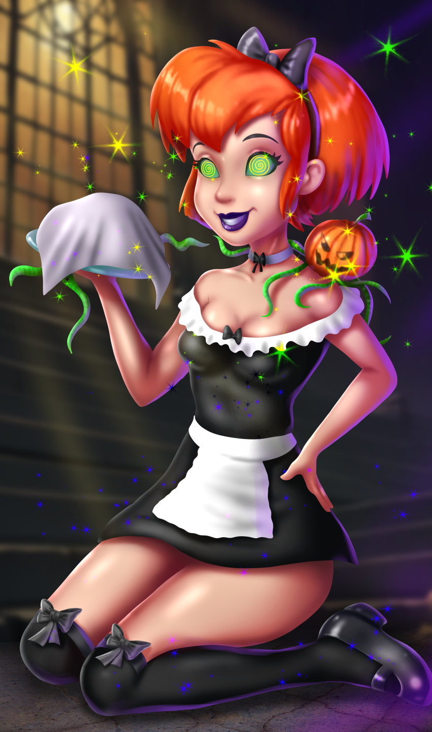 14-bis apron bow breasts cecilia_nuthatch choker cleavage demon femsub hair_ribbon halloween happy_trance high_heels jack_o'_lantern kneeling maid orange_hair purple_lipstick short_hair spiral_eyes story symbol_in_eyes tentacles we're_back_a_dinosaur_story western