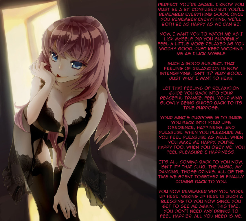 HypnoHub - bra breasts caption caption only femdom hwd171 (manipper) large  breasts lingerie long hair looking at viewer luka megurine manip panties  pink hair pov pov sub text thighhighs underwear vocaloid | 29326