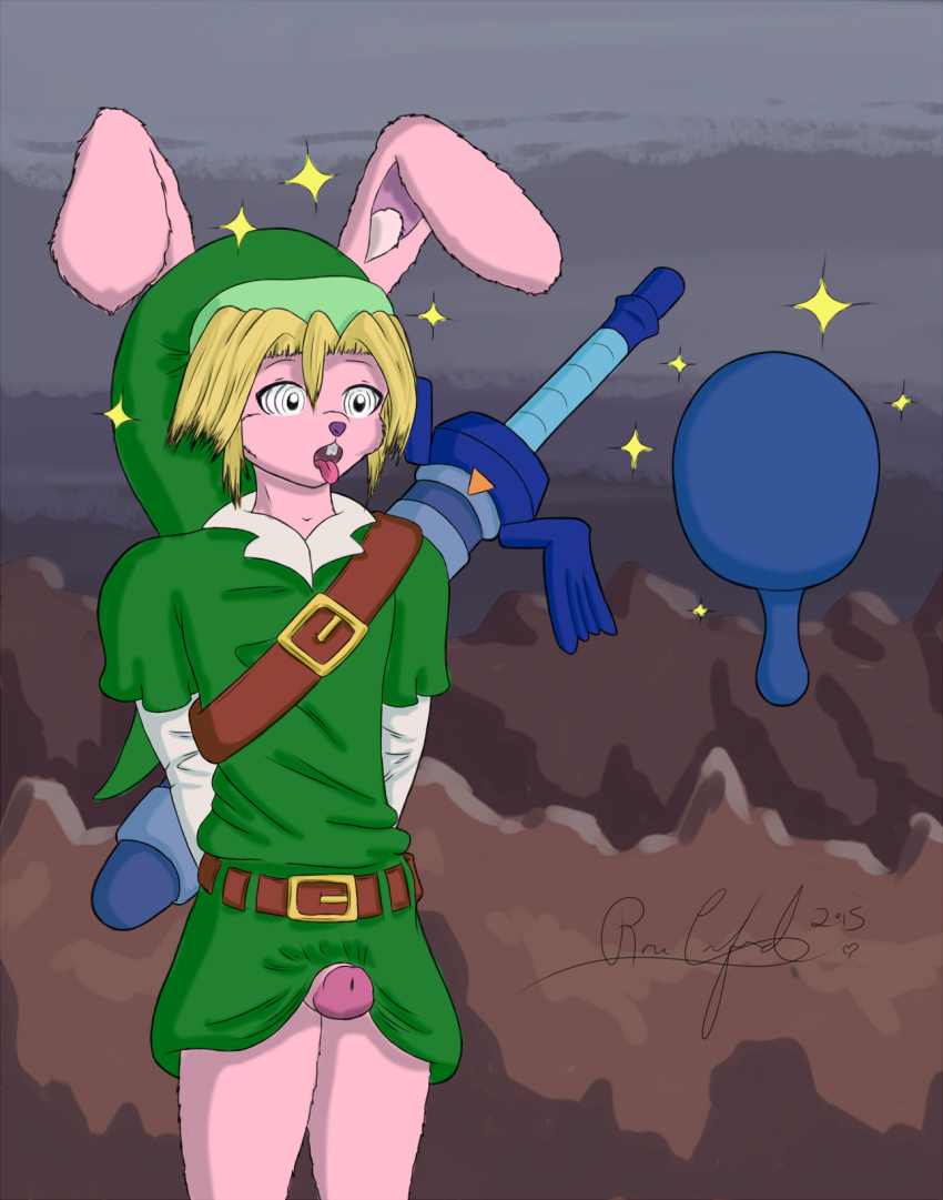 a_link_to_the_past androgynous belt blonde_hair bulge bunny_boy erection furry link male_only malesub mirror nintendo open_mouth penis ring_eyes skirt skirt_lift sword the_legend_of_zelda tongue tongue_out yuu-chan