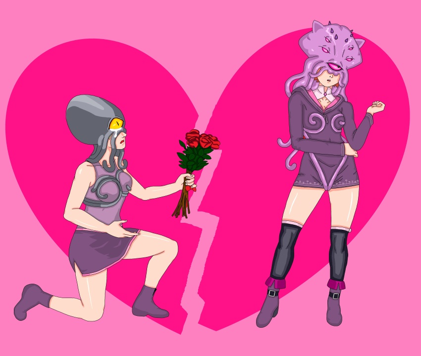 absurdres androgynous androgynous_dom bouquet breast_grab breasts celica_(town_of_magic) cepherina_(town_of_magic) clothed crossed_arms cyclopus_(town_of_magic) evie_(town_of_magic) femsub kneeling light_skin mind_flayer monster mspainter multiple_eyes pink_eyes possession simple_background skirt standing tentacles thighhighs town_of_magic yellow_eyes
