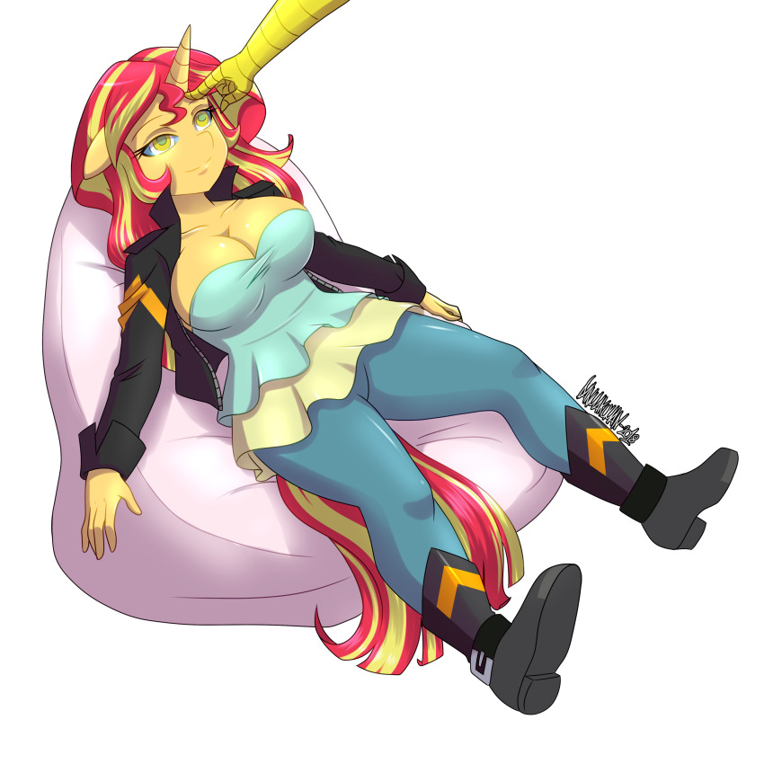 absurdres blonde_hair breasts cleavage danmakuman discord equestria_girls femsub finger_to_forehead furry happy_trance horns hypnotic_touch kaa_eyes large_breasts limp long_hair lying magic maledom multicolored_hair my_little_pony red_hair ring_eyes smile sunset_shimmer