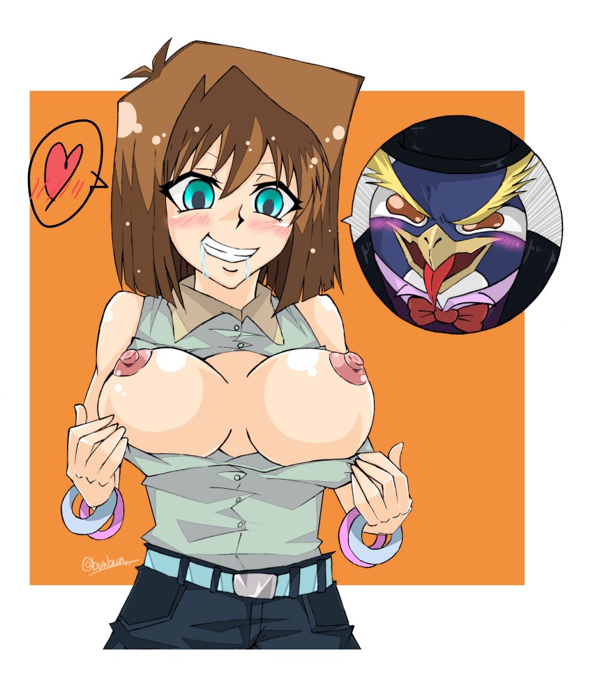 absurdres blush breasts brown_hair bunbun drool empty_eyes happy_trance large_breasts nightmare_penguin open_clothes possession short_hair tea_gardner tongue tongue_out topless undressing yu-gi-oh!