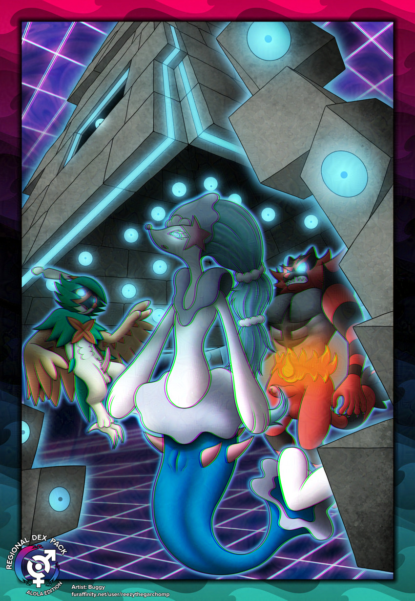 absurdres androgynous_dom aura bisexual blue_eyes blue_hair claws decidueye erection eye_color_change femsub flame floating furry glowing_eyes harem hypnotic_eyes incineroar long_hair malesub multiple_eyes nintendo nude penis pokemon pokemon_(creature) pokemon_sun_and_moon pokemon_ultra_sun_and_ultra_moon ponytail primarina pussy reezythegarchomp spiral_eyes stakataka tail wings
