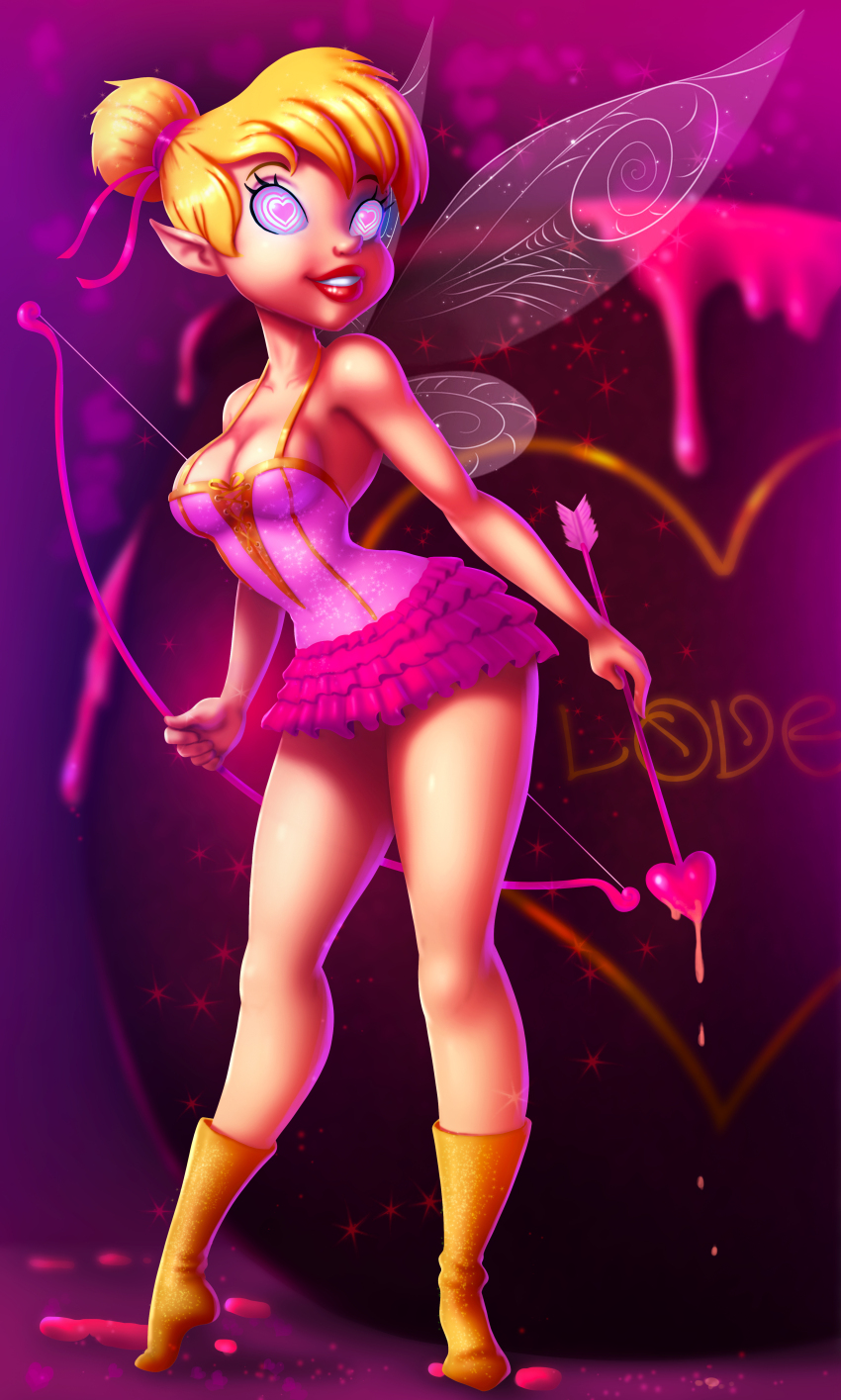 14-bis absurdres arrow blonde_hair boots bow_(weapon) breasts cleavage disney fairy femsub hair_ribbon happy_trance heart heart_eyes large_breasts love_potion maledom peter_pan_(movie) pink_eyes red_lipstick ribbon short_hair smile symbol_in_eyes tinkerbell valentine's_day western