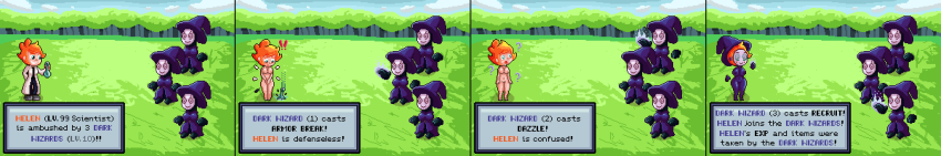absurdres blue_eyes bottomless breast_expansion breasts cloak confused dazed drool embarrassed enemy_conversion femdom femsub gameplay_mechanics hat magic magicwritings mask multiple_doms navel nude open_mouth orange_hair outdoors pixel_art pussy spiral_eyes text topless witch_hat