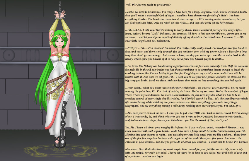 absurdres breasts caption caption_only chains consensual dress female_only femsub gladiator_sandals goddess green_hair hawkeye_(writer) kid_icarus large_breasts manip necklace neo-izayoi nintendo palutena smile text thighhighs very_long_hair