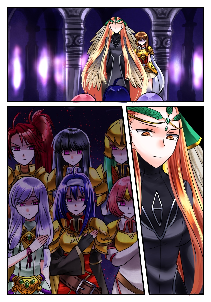 ahoge alternate_costume armor ashera astrid_(fire_emblem) black_hair blue_hair bo_(774berry) brown_eyes brown_hair cape corruption dress evil_smile femdom femsub fire_emblem fire_emblem_radiant_dawn gloves gold green_eyes green_hair hand_on_head headband helmet hypnotized_hypnotist ilyana jill_fizzart long_hair marcia_(fire_emblem) mia_(fire_emblem) mist_(fire_emblem) nephenee nintendo one_eye_open open_mouth pink_eyes pink_hair ponytail purple_eyes purple_hair red_hair saluting short_hair short_skirt shoulder_pads sweat tagme