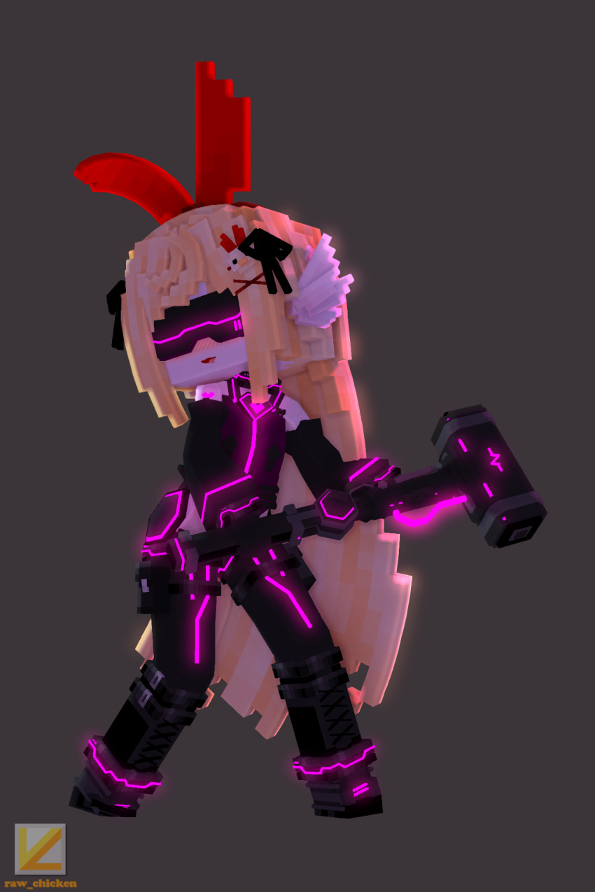 3d blonde_hair blush boots bunny_ears dead_source fake_animal_ears female_only femsub gloves glowing hair_ornament hammer happy_trance heart high_heels leotard minecraft opera_gloves original raw_chicken ribbon solo tech_control thigh_boots thighhighs tongue very_long_hair visor watermark weapon