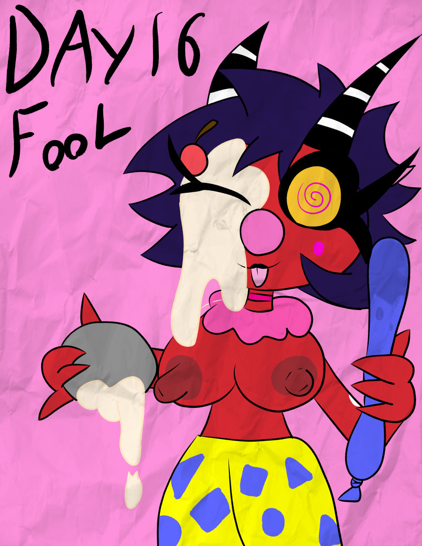 alternate_costume breasts clown clown_girl clownification demon demon_girl femsub happy_trance helluva_boss hypnovember millie_(helluva_boss) spiral_eyes tcross text