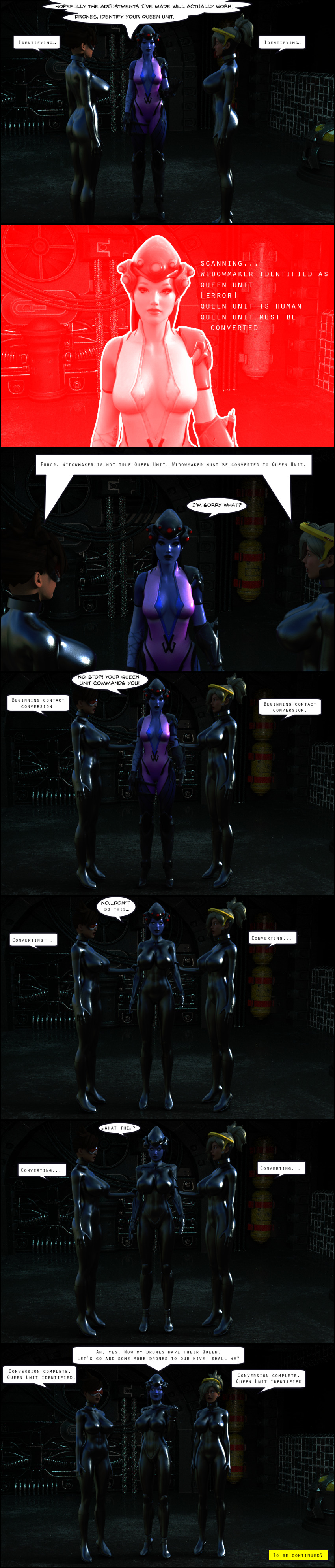 3d absurdres breast_expansion comic dialogue female_only femdom femsub graybot high_heels huge_breasts large_breasts latex mercy overwatch robot robotization text theheckle tracer turning_the_tables widowmaker