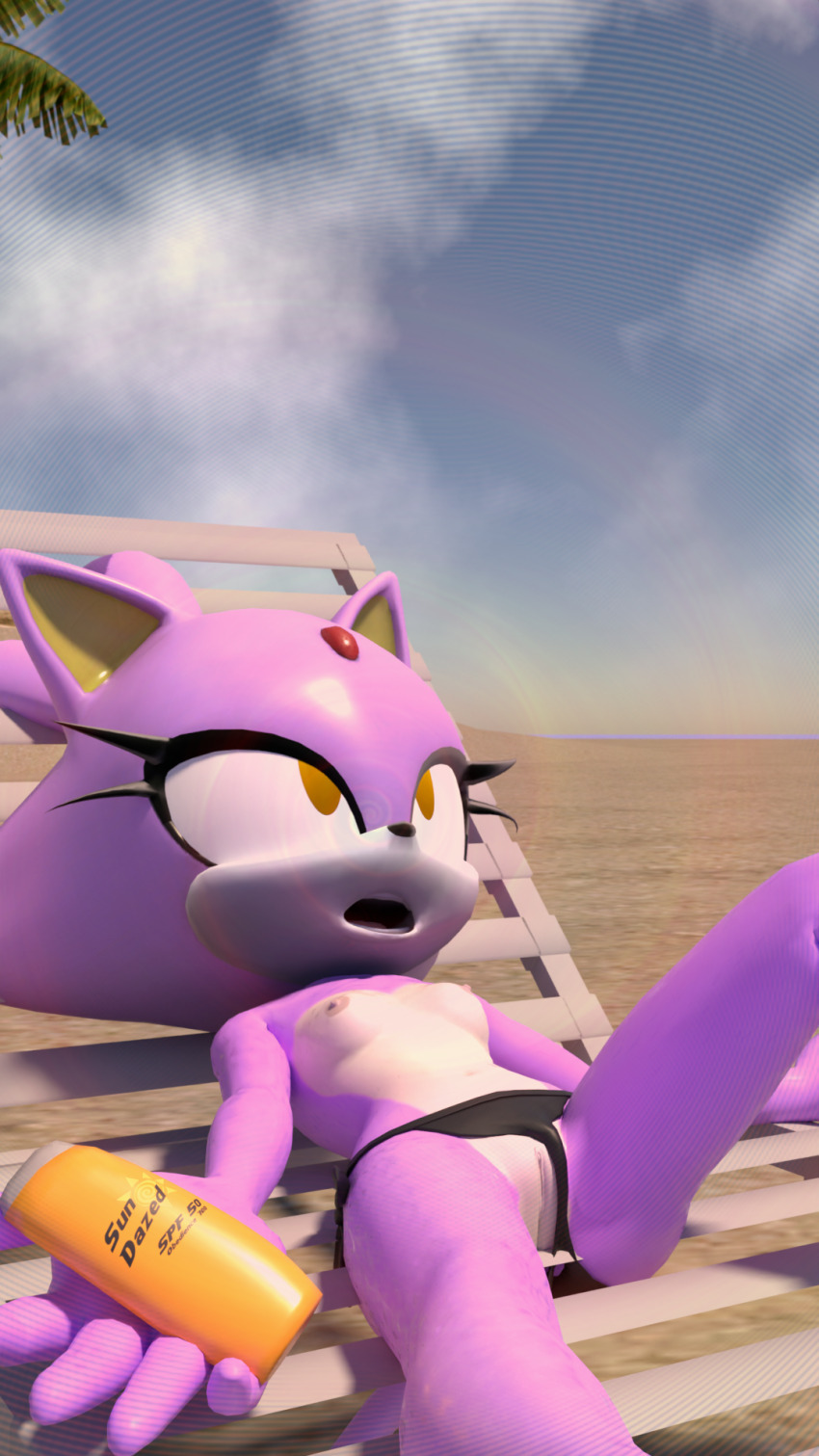 3d ass bare_legs beach bikini bikini_bottom blaze_the_cat breasts cat_girl chair empty_eyes expressionless female_only femsub furry lying nipples on_back open_mouth outdoors panty_pull ponytail purple_hair purple_skin pussy solo sonic_the_hedgehog_(series) spiral spiralrose23 spread_legs sunscreen yellow_eyes